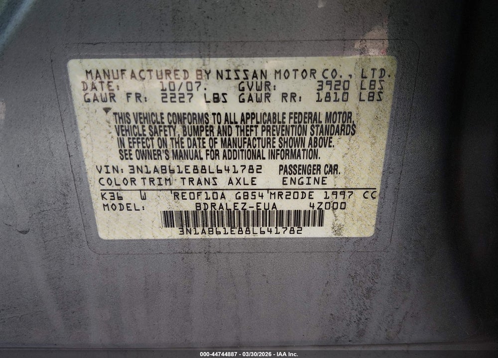 2008 NISSAN SENTRA 2.0S VIN: 3N1AB61E88L641782