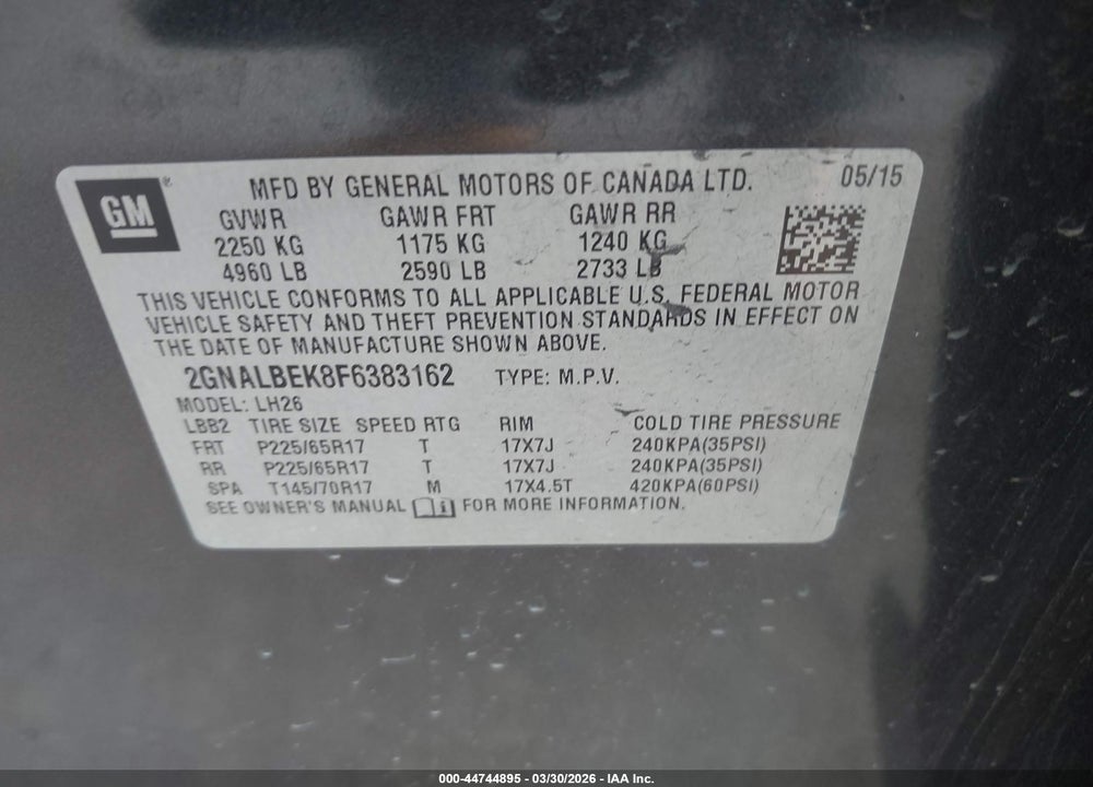 2015 CHEVROLET EQUINOX 1LT VIN: 2GNALBEK8F6383162