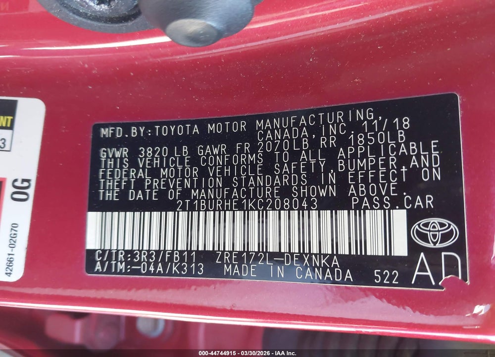 2019 TOYOTA COROLLA L VIN: 2T1BURHE1KC208043
