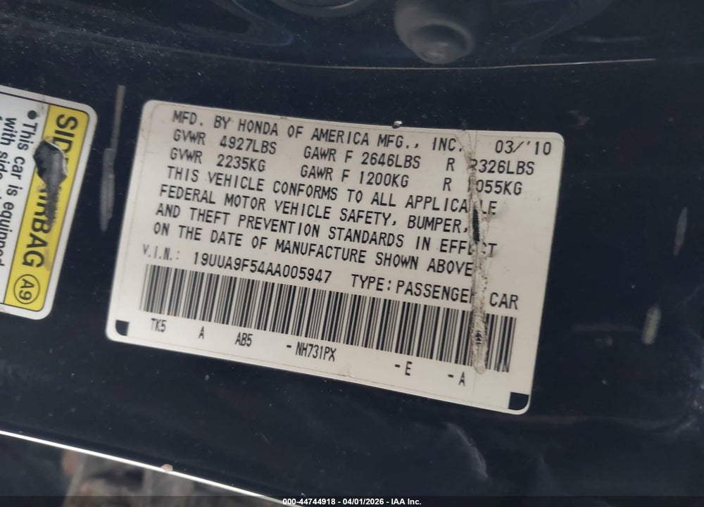 2010 ACURA TL 3.7 VIN: 19UUA9F54AA005947