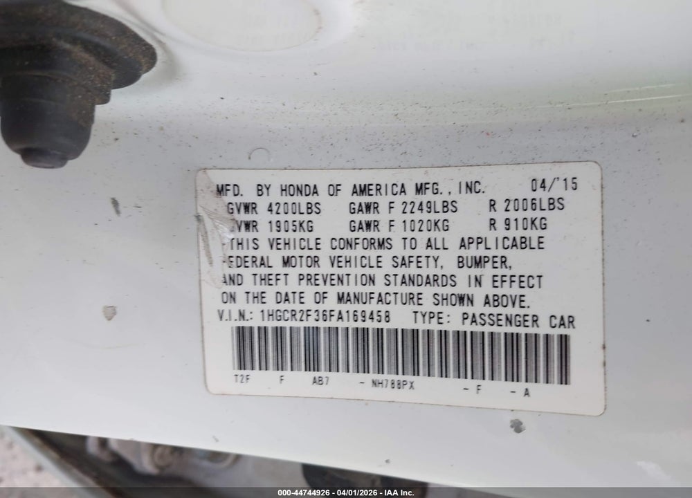 2015 HONDA ACCORD LX VIN: 1HGCR2F36FA169458