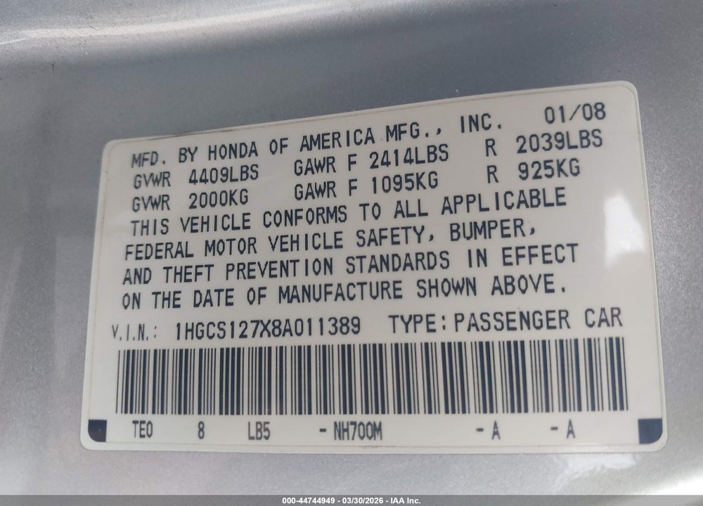 2008 HONDA ACCORD 2.4 EX VIN: 1HGCS127X8A011389