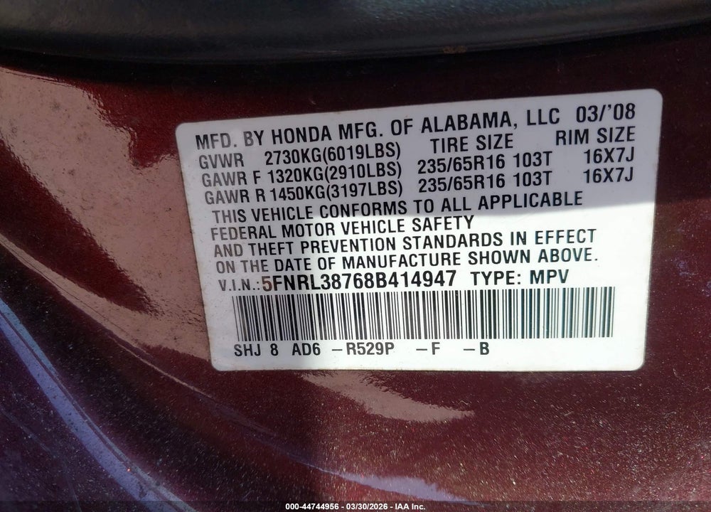 2008 HONDA ODYSSEY EX-L VIN: 5FNRL38768B414947