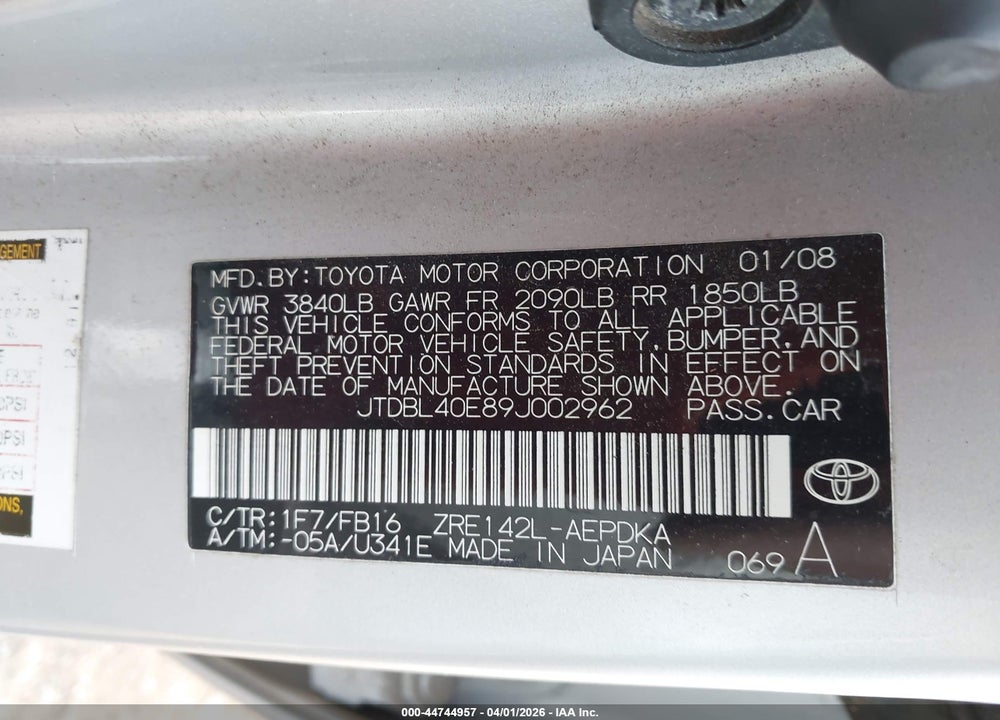 2009 TOYOTA COROLLA LE VIN: JTDBL40E89J002962