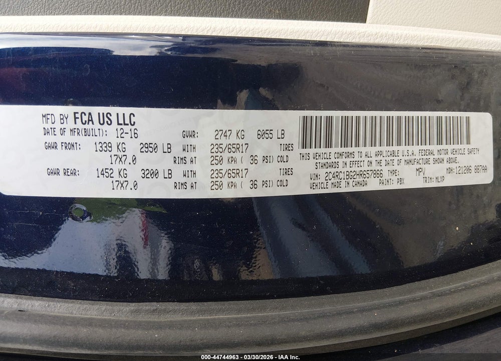 2017 CHRYSLER PACIFICA TOURING-L VIN: 2C4RC1BG2HR657866