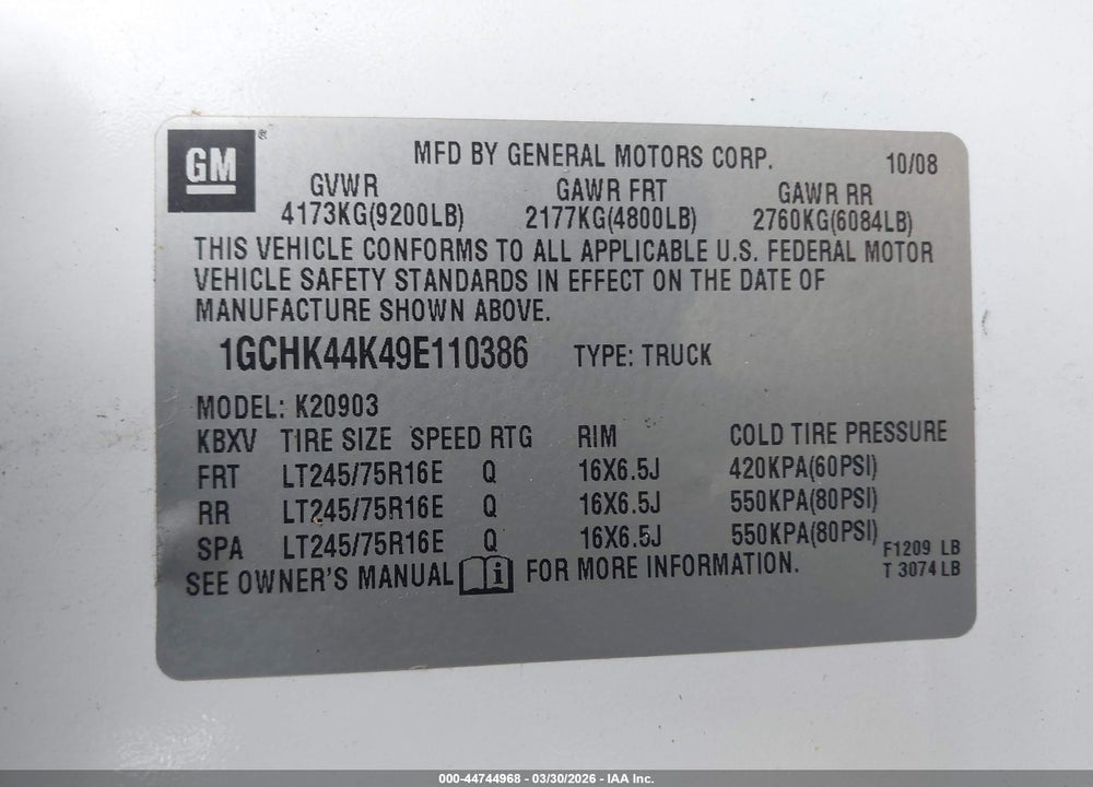 2009 CHEVROLET SILVERADO 2500HD WORK TRUCK VIN: 1GCHK44K49E110386