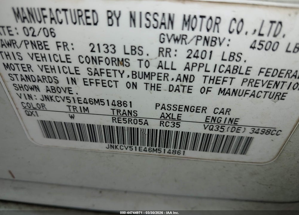 2006 INFINITI G35 VIN: JNKCV51E46M514861