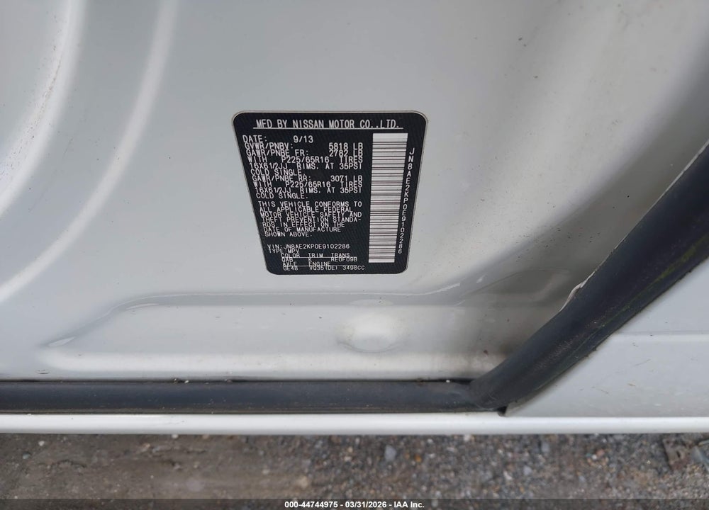 2014 NISSAN QUEST S VIN: JN8AE2KP0E9102286