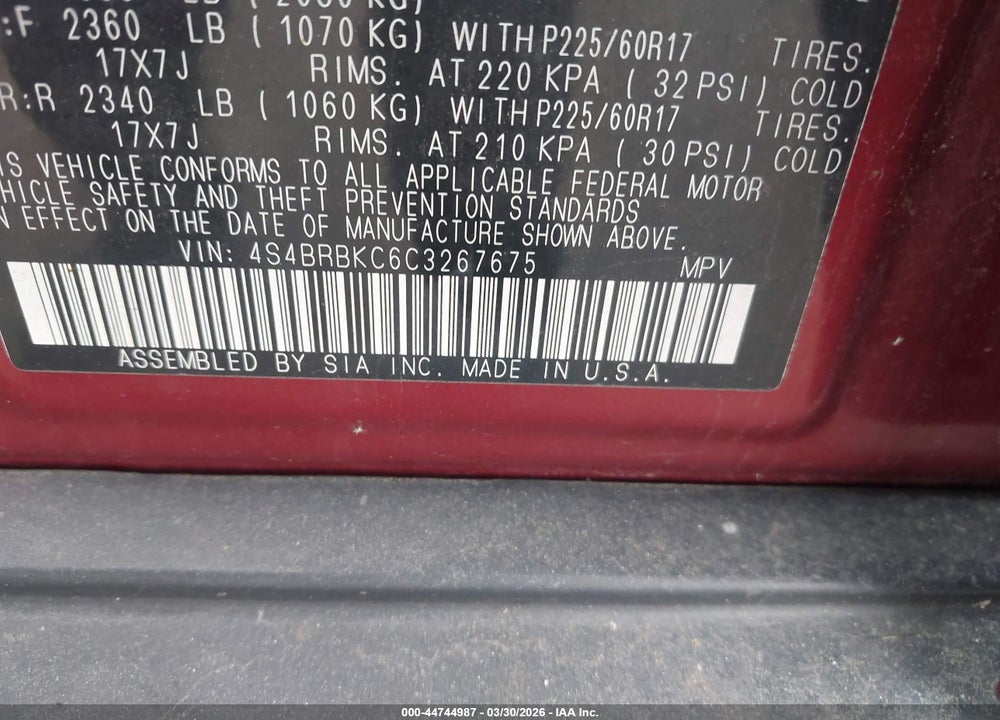 2012 SUBARU OUTBACK 2.5I LIMITED VIN: 4S4BRBKC6C3267675