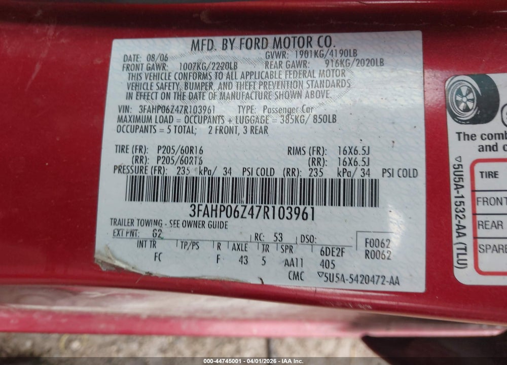 2007 FORD FUSION S VIN: 3FAHP06Z47R103961