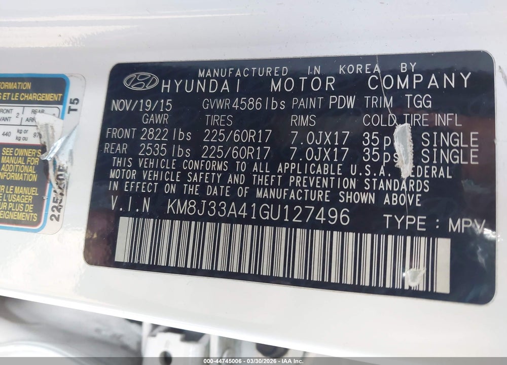2016 HYUNDAI TUCSON SE VIN: KM8J33A41GU127496