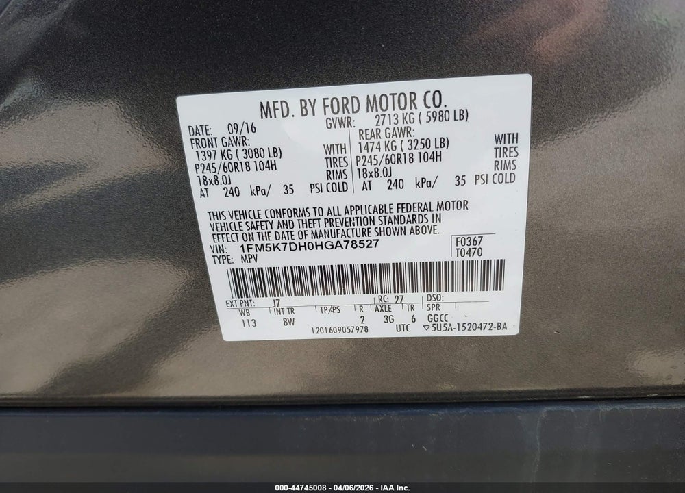 2017 FORD EXPLORER XLT VIN: 1FM5K7DH0HGA78527