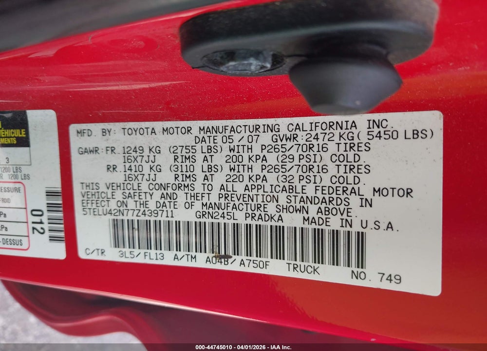 2007 TOYOTA TACOMA BASE V6 VIN: 5TELU42N77Z439711