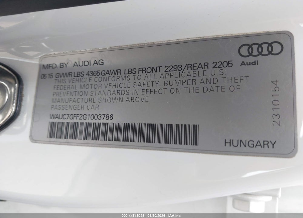 2016 AUDI A3 1.8T PREMIUM VIN: WAUC7GFF2G1003786