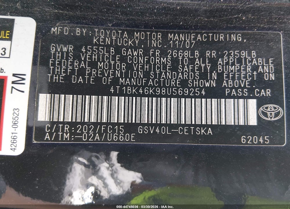 2008 TOYOTA CAMRY SE V6 VIN: 4T1BK46K98U569254