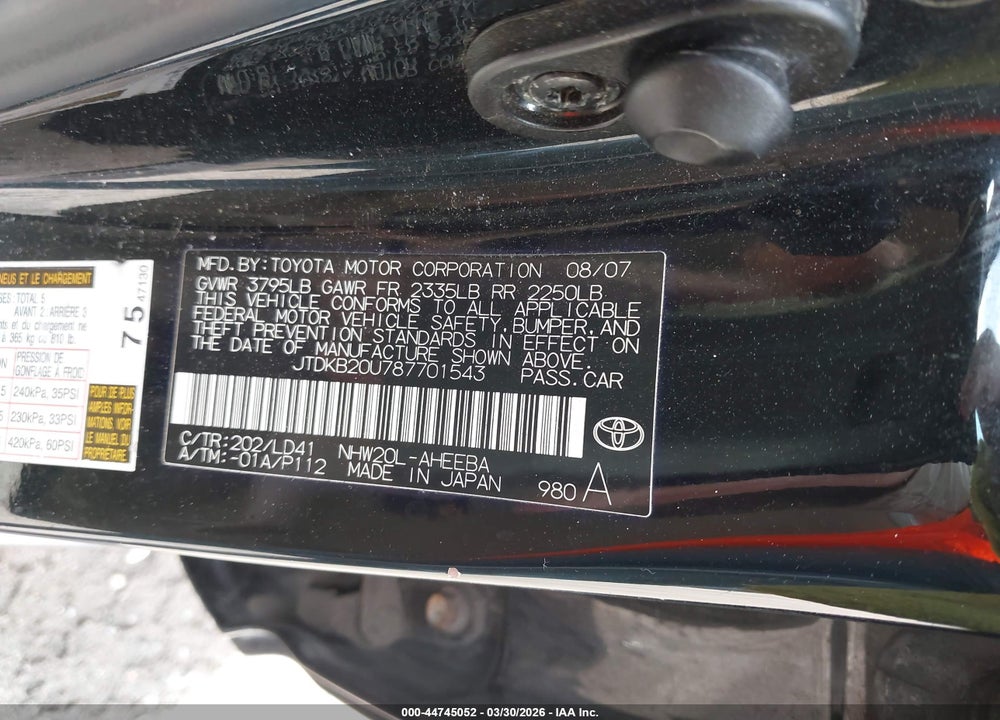2008 TOYOTA PRIUS VIN: JTDKB20U787701543