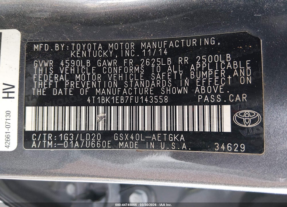 2015 TOYOTA AVALON XLE VIN: 4T1BK1EB7FU143558