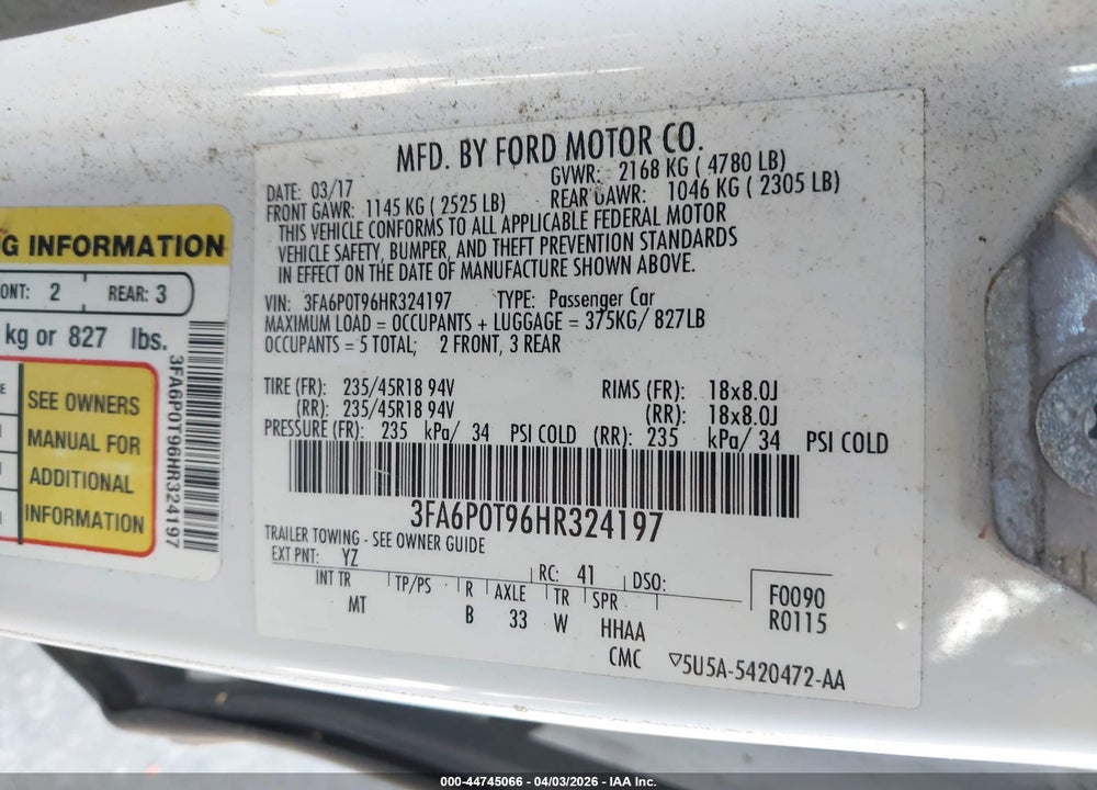 2017 FORD FUSION SE VIN: 3FA6P0T96HR324197