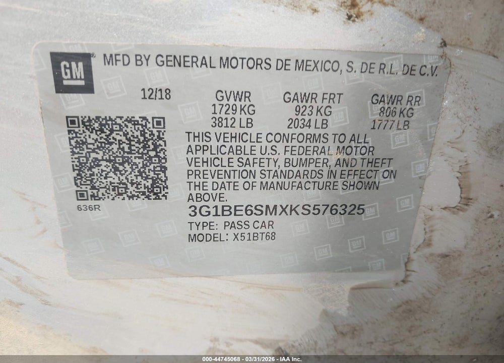 2019 CHEVROLET CRUZE LT VIN: 3G1BE6SMXKS576325