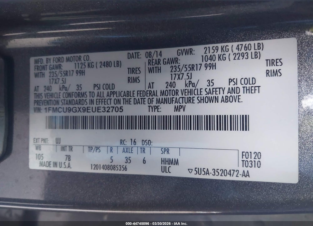 2014 FORD ESCAPE SE VIN: 1FMCU9GX9EUE32705