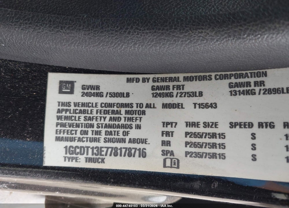 2007 CHEVROLET COLORADO LT VIN: 1GCDT13E778178716