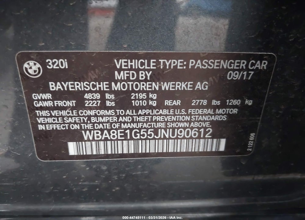 2018 BMW 320I VIN: WBA8E1G55JNU90612