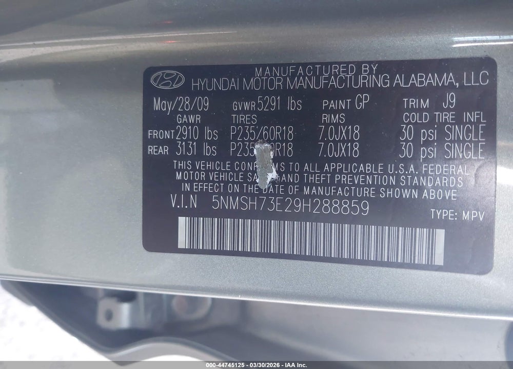 2009 HYUNDAI SANTA FE LIMITED VIN: 5NMSH73E29H288859