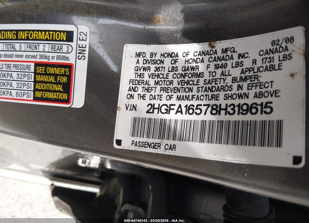 2008 HONDA CIVIC LX VIN: 2HGFA16578H319615