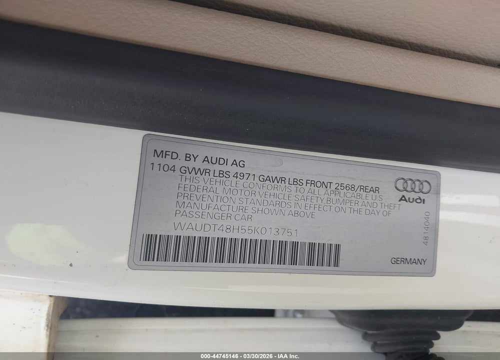 2005 AUDI A4 3.0 VIN: WAUDT48H55K013751