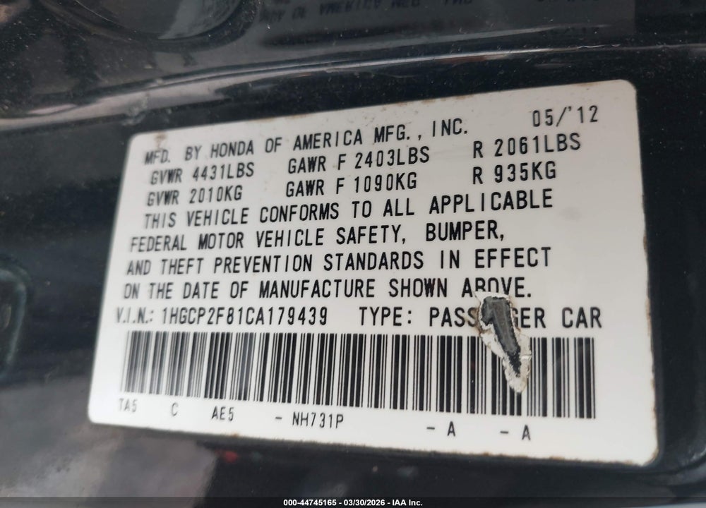 2012 HONDA ACCORD 2.4 EX-L VIN: 1HGCP2F81CA179439