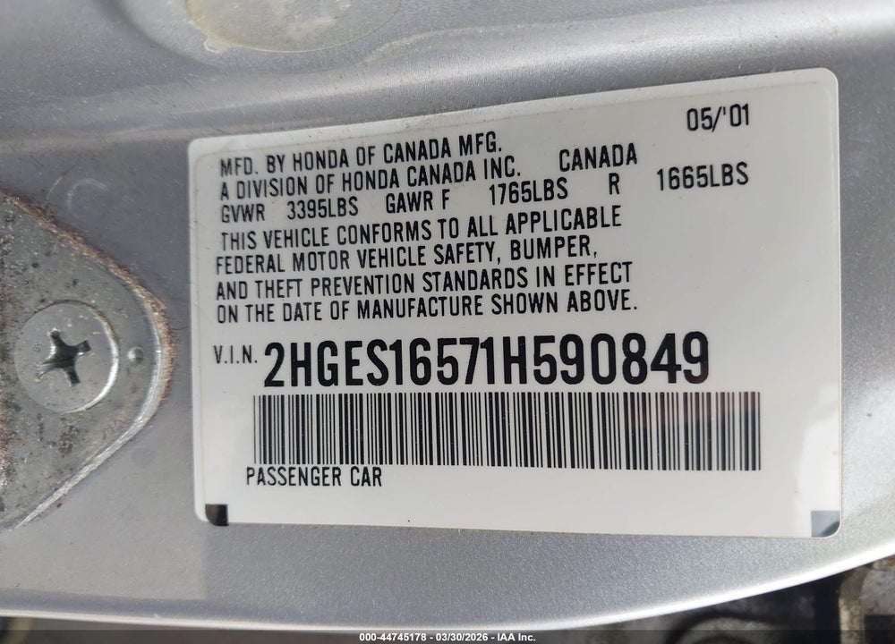2001 HONDA CIVIC LX VIN: 2HGES16571H590849