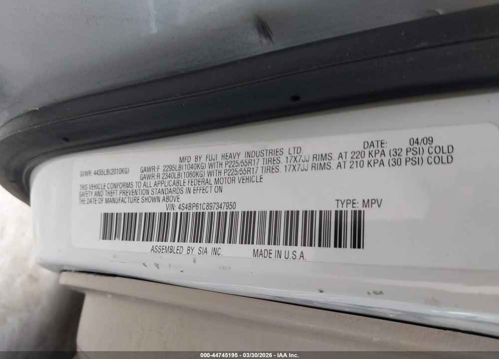 2009 SUBARU OUTBACK 2.5I VIN: 4S4BP61C897347950