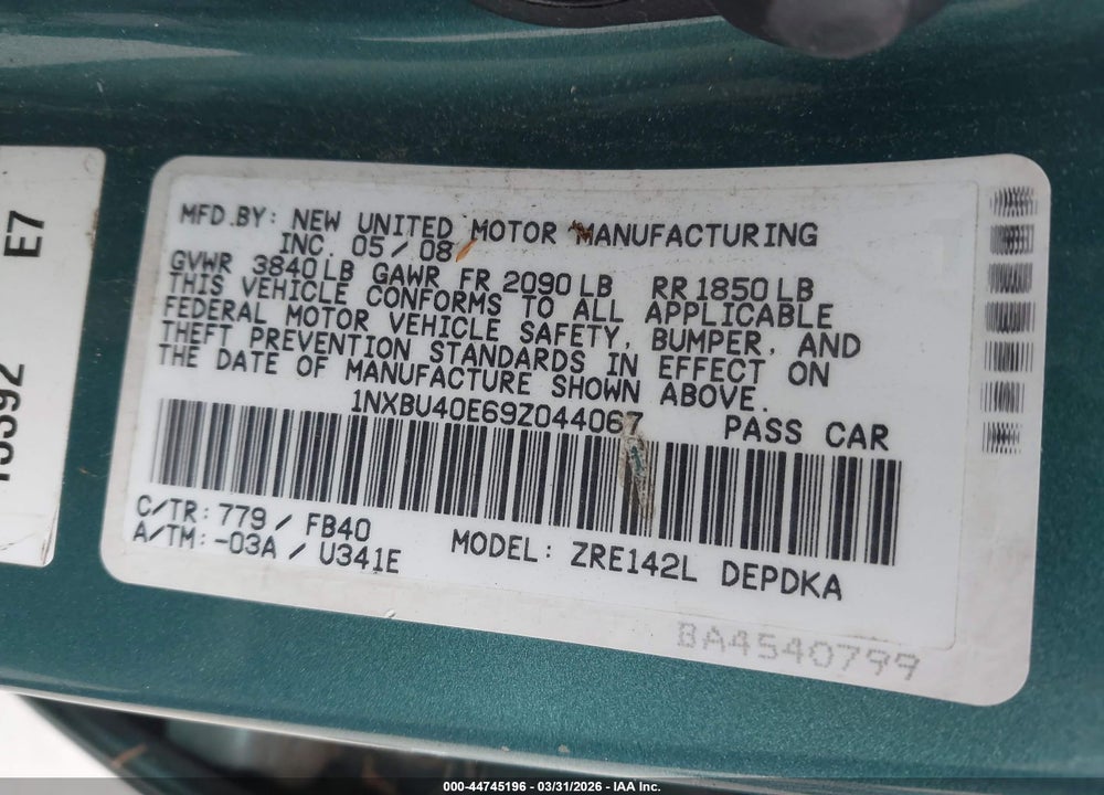 2009 TOYOTA COROLLA LE VIN: 1NXBU40E69Z044067