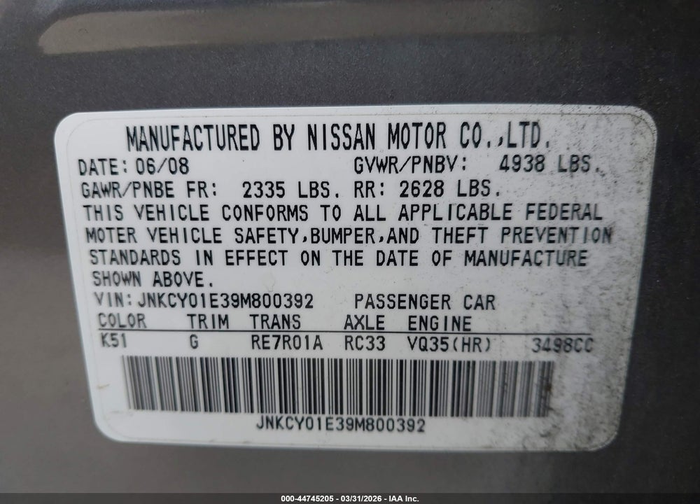 2009 INFINITI M35 VIN: JNKCY01E39M800392