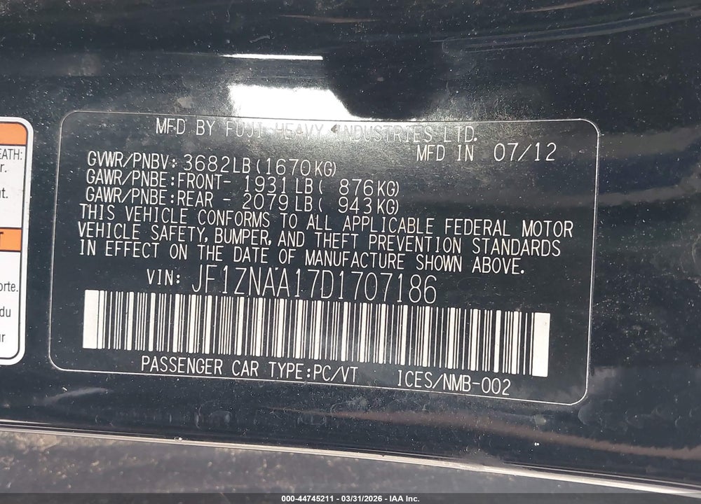 2013 SCION FR-S VIN: JF1ZNAA17D1707186