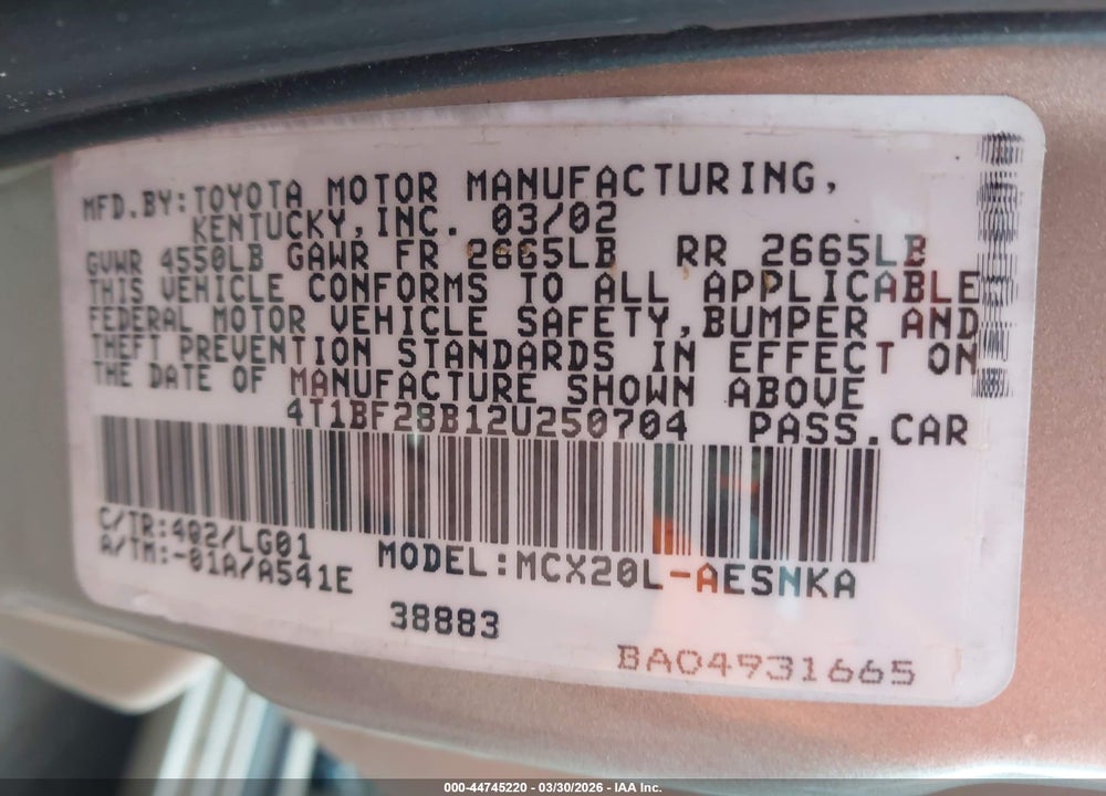 2002 TOYOTA AVALON XL VIN: 4T1BF28B12U250704