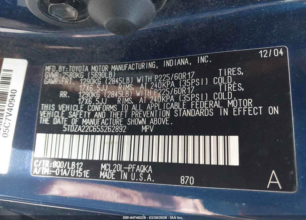 2005 TOYOTA SIENNA XLE VIN: 5TDZA22C65S262892