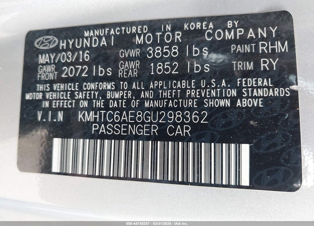 2016 HYUNDAI VELOSTER TURBO VIN: KMHTC6AE8GU298362