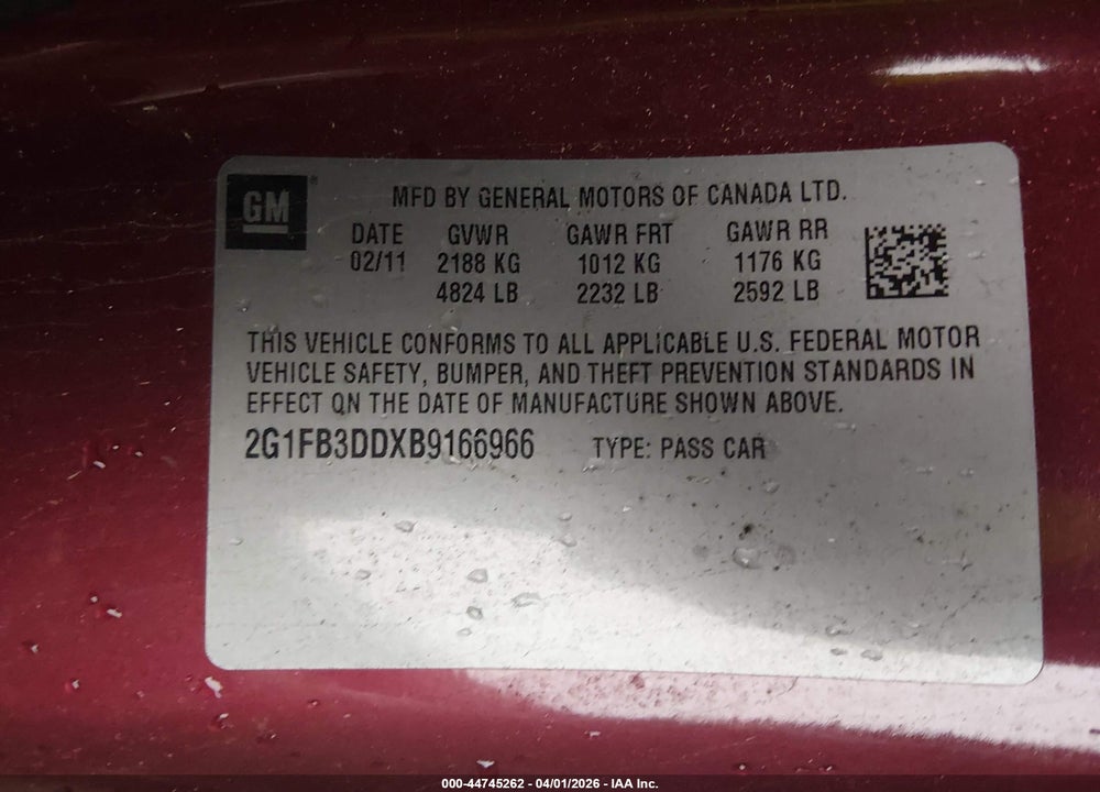 2011 CHEVROLET CAMARO 1LT VIN: 2G1FB3DDXB9166966