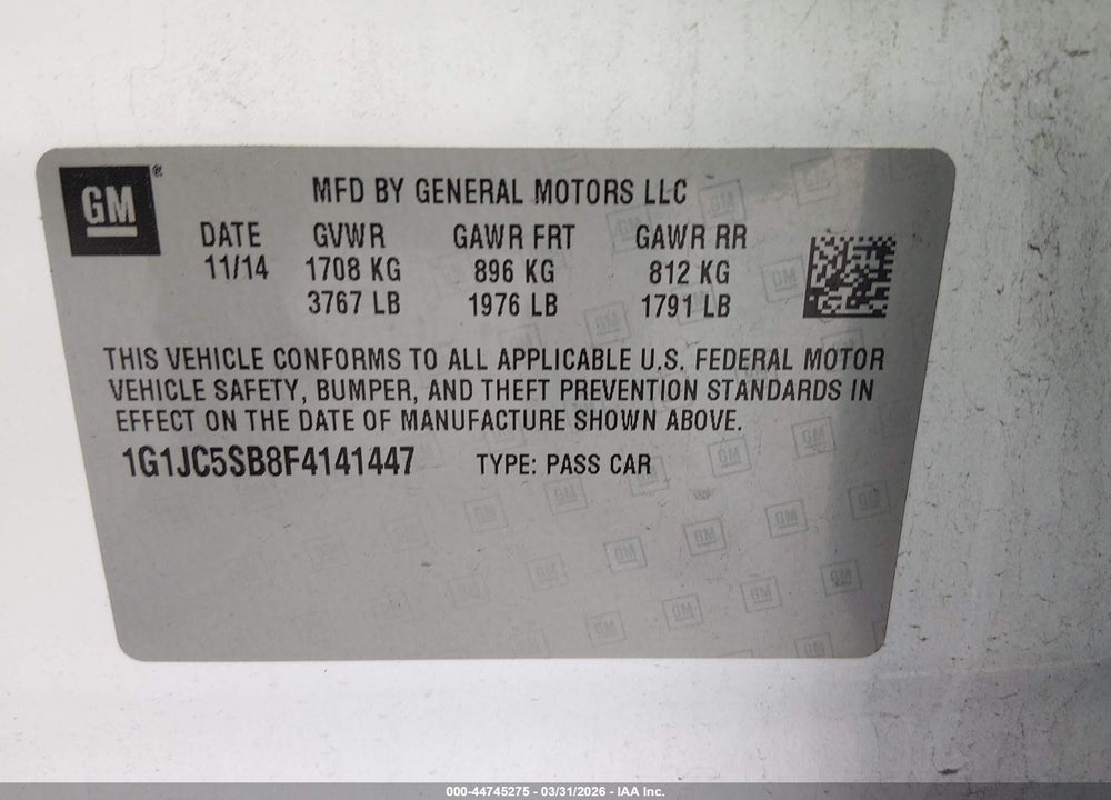 2015 CHEVROLET SONIC LT AUTO VIN: 1G1JC5SB8F4141447