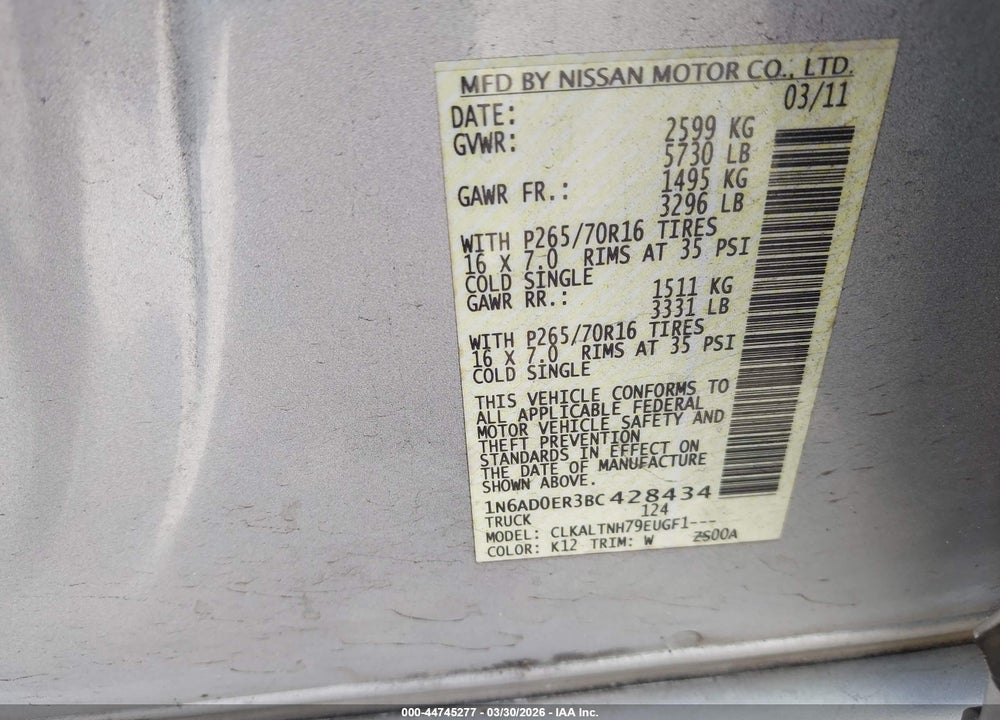 2011 NISSAN FRONTIER SV VIN: 1N6AD0ER3BC428434