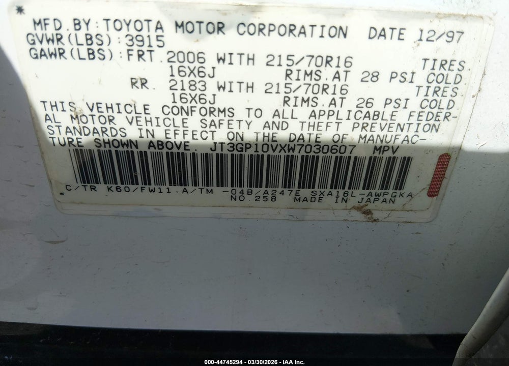 1998 TOYOTA RAV4 VIN: JT3GP10VXW7030607