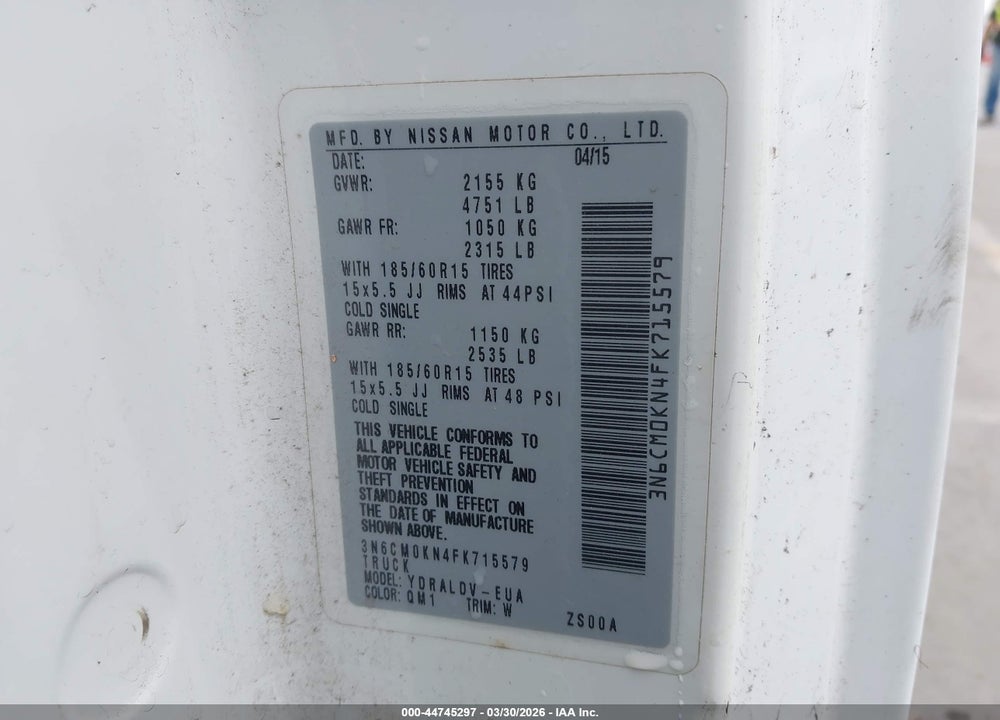 2015 NISSAN NV200 S/SV VIN: 3N6CM0KN4FK715579