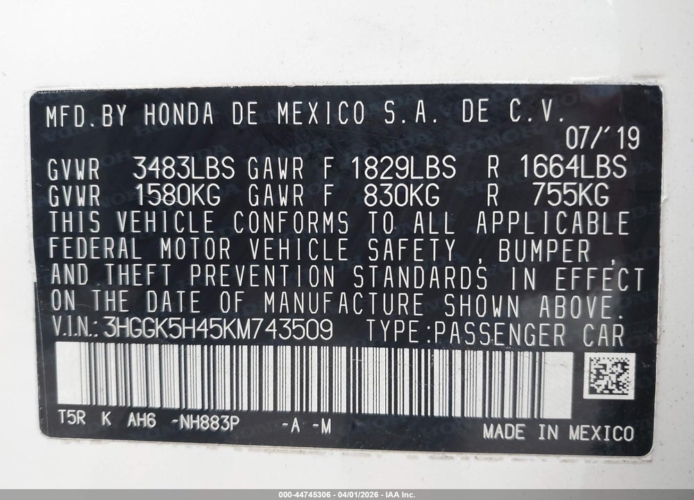 2019 HONDA FIT LX VIN: 3HGGK5H45KM743509