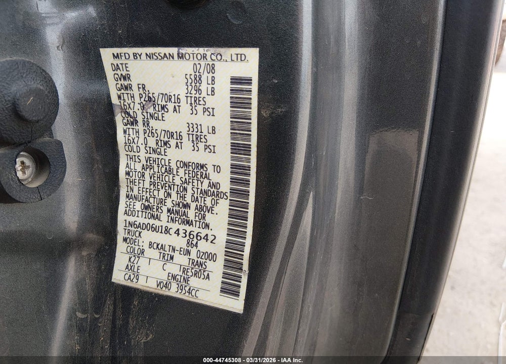 2008 NISSAN FRONTIER SE VIN: 1N6AD06U18C436642