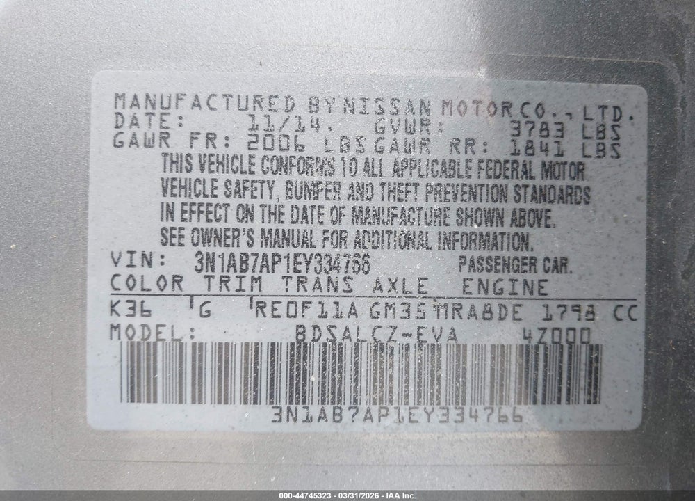 2014 NISSAN SENTRA S VIN: 3N1AB7AP1EY334766