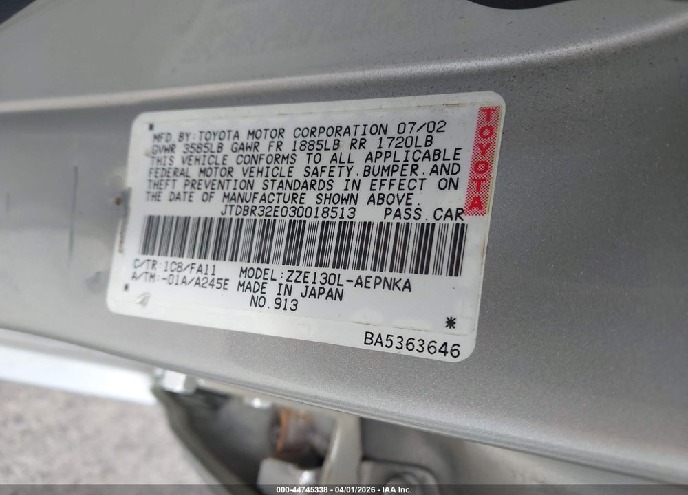 2003 TOYOTA COROLLA LE VIN: JTDBR32E030018513