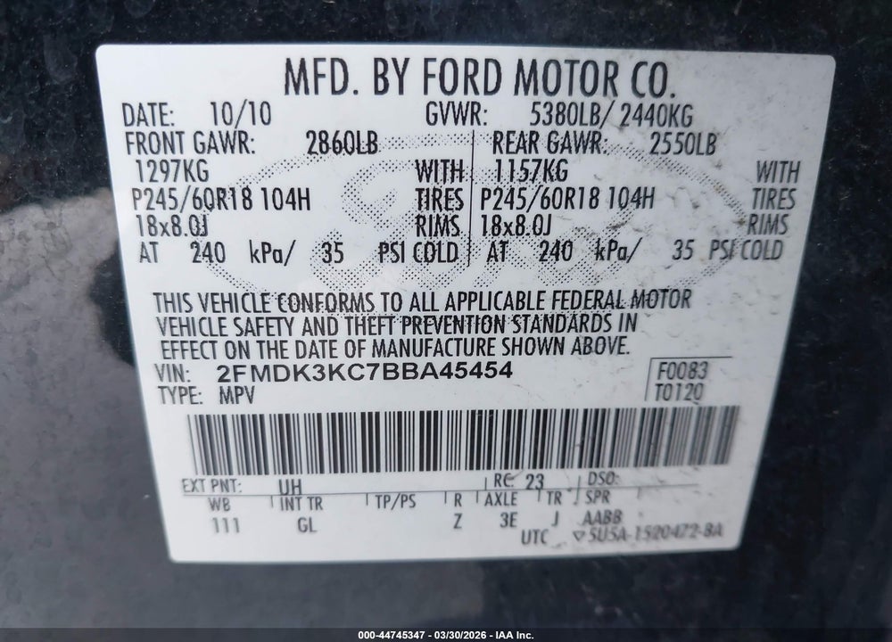 2011 FORD EDGE LIMITED VIN: 2FMDK3KC7BBA45454