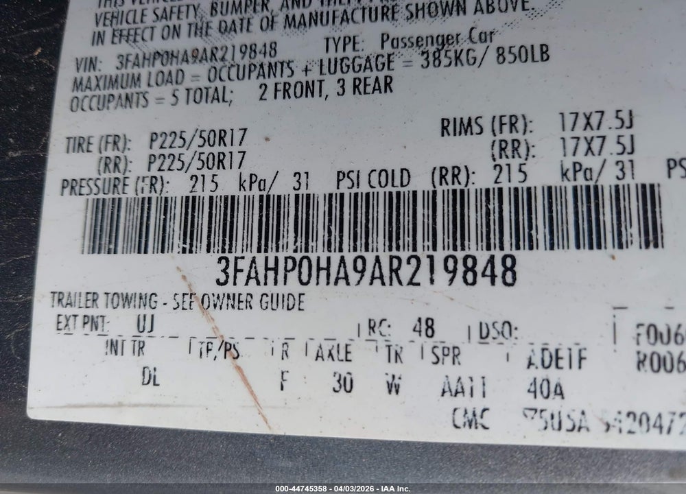 2010 FORD FUSION SE VIN: 3FAHP0HA9AR219848
