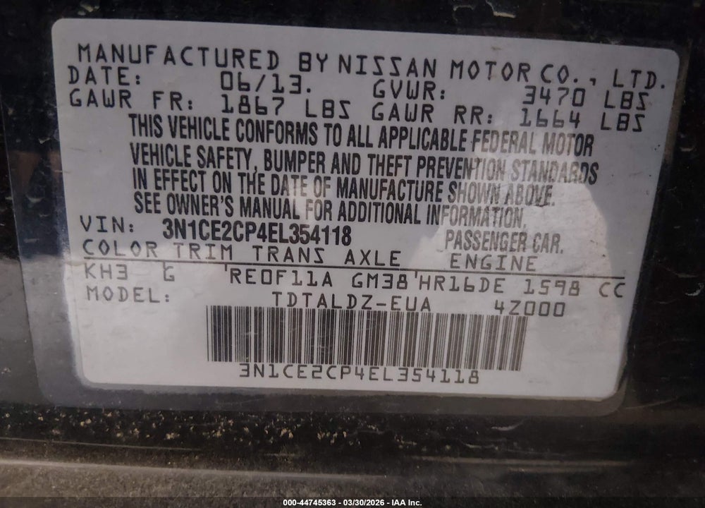 2014 NISSAN VERSA NOTE VIN: 3N1CE2CP4EL354118